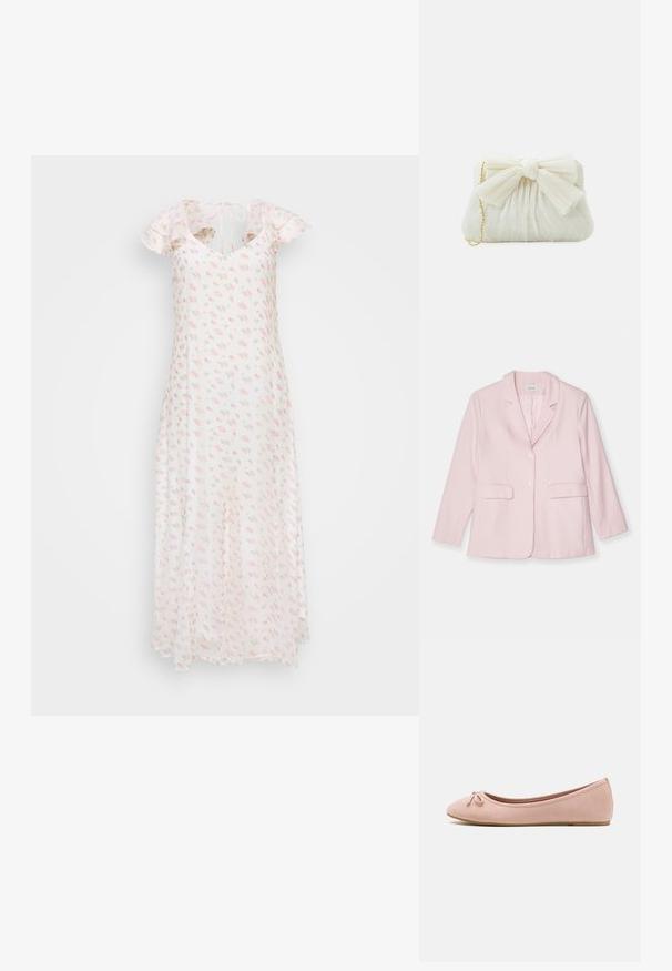 Roosa bleiser, mis on valmistatud kergest kangast, notšitud krae, ühe nupuga kinnitamine, kaks esikotti ja pikad varrukad.; Lille kumaari floral maxi kleit; lühikesed volangvarrukad, V-kaelus ja pehmed roosad roosimustrid valgel taustal.; Pehmed balletkarsid, mis on valmistatud pehmest roosast nubukist, millel on ümar nina ja ees väike paeladetail, väikse lamedama tallaga.; Valge volditud klamberkott, millel on silmapaistev lipsu detail ja kuldne ketstrap. Pehme tekstuur ja kogutud disain ees.