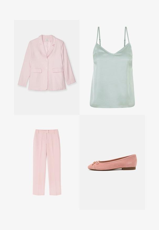 Blazer rose en tissu léger, avec des revers, une fermeture à un bouton, deux poches avant et des manches longues.; Camisole en satin vert clair avec des bretelles fines ajustables et un décolleté en V, présentant une texture lisse et une coupe décontractée.; Pantalons rose pâle avec une coupe ajustée, dotés de deux poches latérales, d'une texture lisse et de plis avant pour un détail supplémentaire.; Ballerine plate en daim rose doux avec petit nœud et accent doré sur l'avant arrondi, talon bas et semelle lisse.