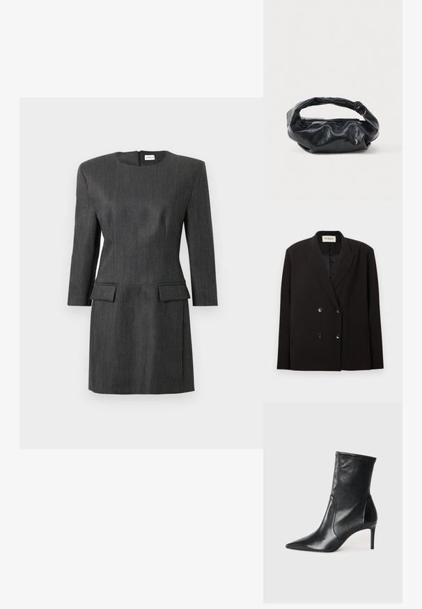 Zwarte dubbelgeknoopte blazer met omgeslagen revers, vier knopen aan de voorkant, zijzakken en een Rodebjer-label aan de binnenkant van de kraag.; Op maat gemaakte donkergrijze jurk met een gestructureerde silhouet, driekwart mouwen, twee voorzakken en een ritssluiting aan de achterkant. Subtiele streepjestextuur.; Zwarte enkelboots van soepel leer, met een spitse neus, een aangesloten schacht en een slanke hoge hak. Minimalistisch ontwerp zonder zichtbare hardware.; Zwarte tas van glanzend, textuur materiaal met een ronde, gedraaide handgreep en een ritsluiting. Heeft een zacht, gekreukt ontwerp.