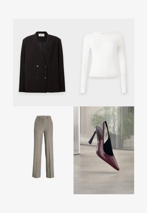 Sort dobbeltradet blazer med hakkede slag, fire knapper foran, sidelommer og et Rodebjer-mærke indeni kraven.; Langærmet hvid top med ribbet tekstur, rund halsudskæring og tre dekorative knapper på venstre skulder. Glat stof, tætsiddende pasform.; Lys grå, brede bukser lavet af et glat stof med en skræddersyet talje, frontfolder og sidelommer.; Blank mørkerød slingback med høj hæl, spids tå og sort inderfor, svævende over en glat betongulv indendørs.