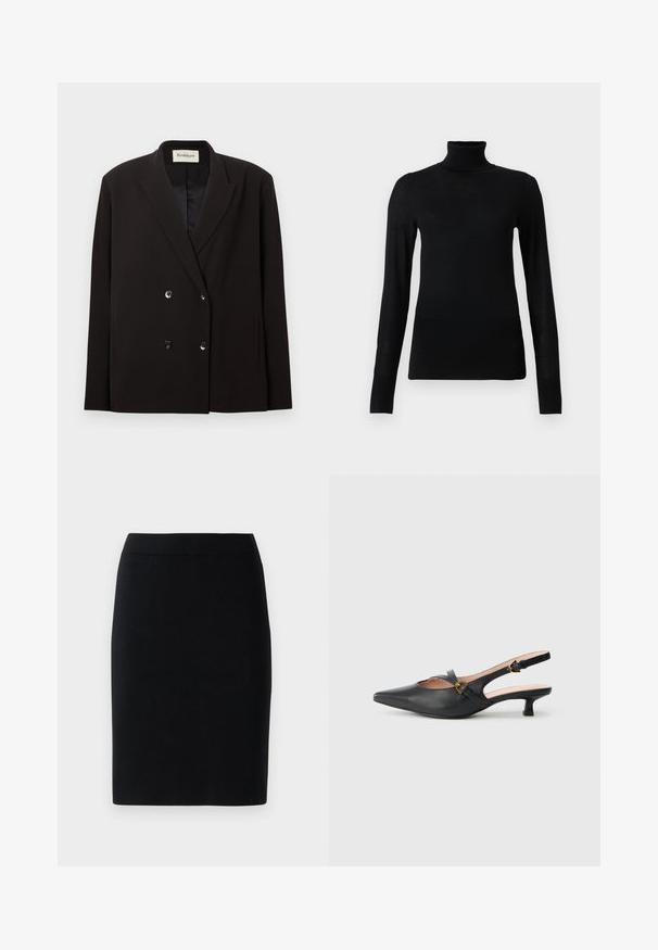 Sort dobbeltradet blazer med hakkede slag, fire knapper foran, sidelommer og et Rodebjer-mærke indeni kraven.; Sort turtleneck sweater lavet af blødt, letvægtsmateriale. Har lange ærmer og en tætsiddende stil med høj krave.; Sort knælængde blyantskirt med elastisk talje mod en ensfarvet hvid baggrund.; Sort læderslingback-pumpe med spids tå, lav hæl, udskåret design og guldfarvet spænde på remmen.