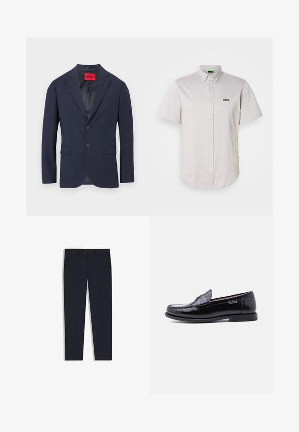 Blazer para hombre azul marino con patrón de cuadros sutil, dos botones frontales, solapas con muesca y bolsillos con solapa, con etiqueta HUGO en el interior del cuello.; Polo de manga corta, color gris claro, confeccionado en tela texturizada, con cuello abotonado, botones delanteros y un pequeño logo negro.; Pantalones azul marino con un corte ajustado, que cuentan con dos bolsillos frontales, un diseño plano en la parte delantera y una textura suave. Sin patrones ni adornos visibles.; Mocasines de cuero negro con acabado brillante, que presentan un diseño cosido en la puntera y una suela baja de goma negra texturizada.
