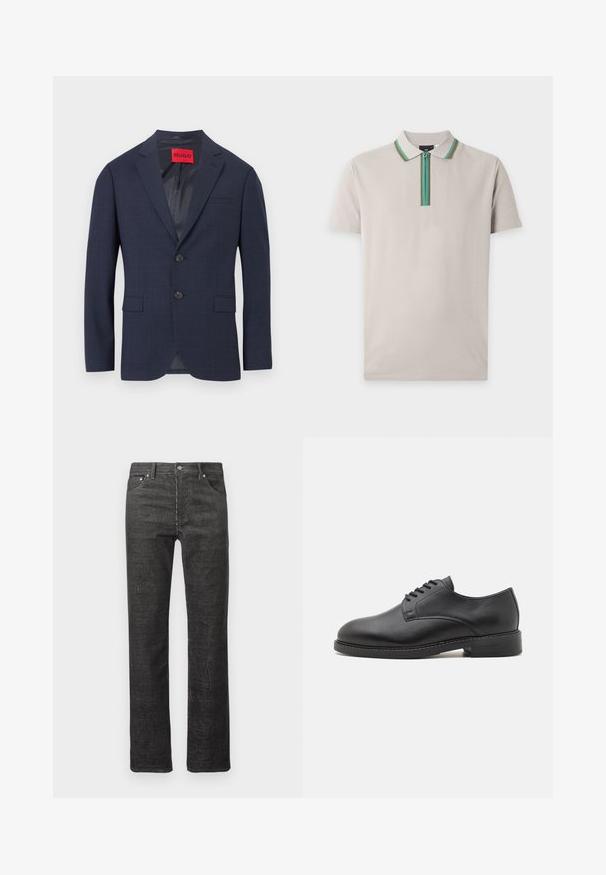 Blazer pour homme bleu marine avec un motif à carreaux subtil, deux boutons à l'avant, revers crantés et poches à rabat, étiquette HUGO à l'intérieur du col.; Polo beige clair à manches courtes avec un col zippé orné d'un bord rayé vert et bleu.; Jean droit en velours côtelé noir avec poches avant et arrière, passants de ceinture et fermeture à bouton sur fond blanc.; Chaussure oxford en cuir noir avec un bout rond, présentant une finition lisse, un laçage à cinq œillets et un petit talon empilé.