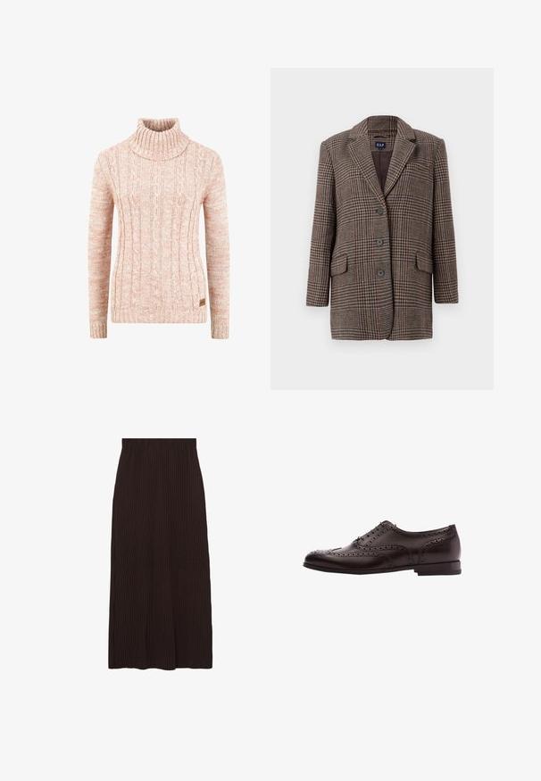 Blazer de cuadro de houndstooth marrón y beige con tres botones, dos bolsillos frontales con solapa y cuello con muesca, colgado sobre un fondo blanco.; Suéter de cuello alto de punto en suave melocotón, con patrón de cable texturizado, mangas largas y una etiqueta de marca tejida en el dobladillo.; Falda marrón acanalada de corte midi y cintura elástica. La tela tiene una superficie texturada con rayas verticales.; Zapato de vestir de cuero marrón con detalles de brogue, cierre con cordones, puntera redondeada y un tacón bajo apilado. Acabado pulido y perforaciones intrincadas.
