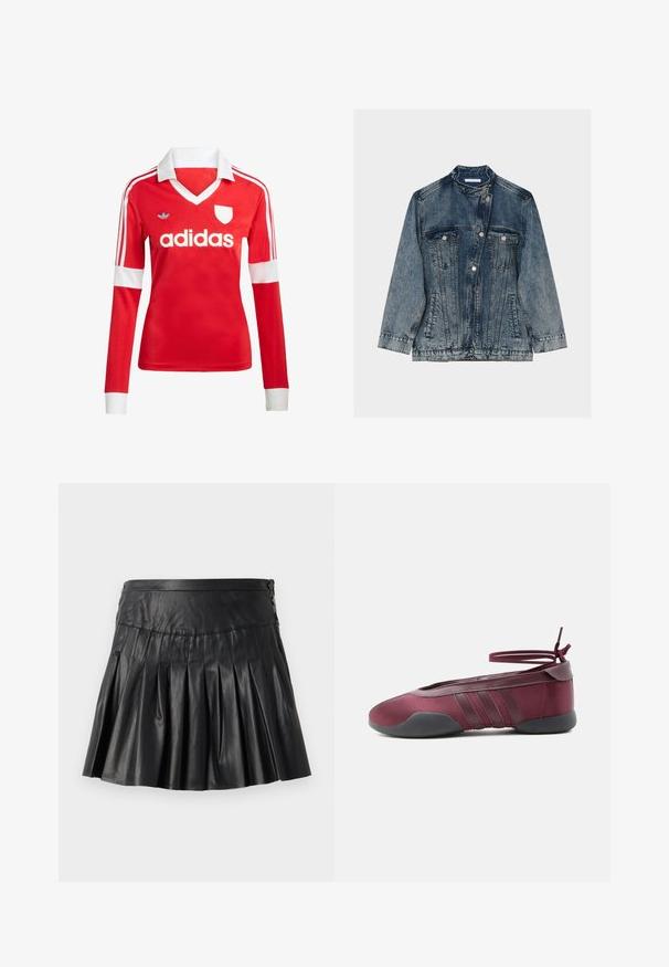 Denim jakk tuhmumisega, kõrge kraega, asümmeetrilise eesosaga, mis kinnitub suru nuppudega, kahe rinnatasku ja kahe küljetaskuga.; Punane pikade varrukatega jalgpallipluus valge krae ja varrukateotstega. Omab kolme valget triipu õlgadel ja väljapaistvat "adidas" logo.; Mustast kunstnahast volditud miniseelik, millel on lai vöökoht ja nööpidega detailid paremal küljel, esitatud ühevärvilisel taustal.; Bordoopunane ballerinarätt musta tallaga, elastsete pahkluurihmadega, mis on seotud lipsuks, ja külgedel õmmeldud detailidega, nähtud välisküljelt.