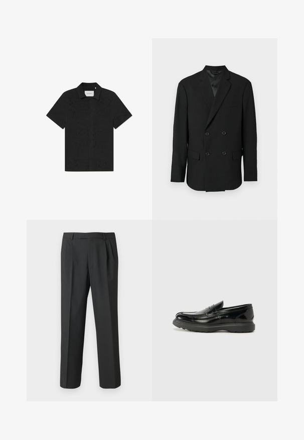 Blazer negro de doble botonadura con el interior de satén, dos bolsillos frontales y solapas con muesca. Presenta cinco botones en la parte delantera.; Camisa negra de manga corta hecha de una tela transpirable que presenta intrincados patrones de corte y un frente abotonado.; Pantalones negros de tejido liso, con un diseño de pierna recta, frente con pliegues y cintura estándar con trabillas para cinturón.; Mocasín de cuero negro con un acabado brillante, punta redondeada, detalles de costura sutiles y una suela de goma gruesa para mayor durabilidad.