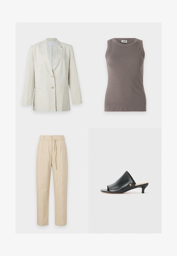 Lyse beige blazer lavet af tekstureret stof med enkeltknappet lukning, hakkrave og to forlommer. Skræddersyet silhuet.; Grå ribbede tanktop med rund halsudskæring og ærmeløs design, lavet af et blødt, tekstureret stof. Enkel, tætsiddende silhuet.; Beige stribede bukser med en afslappet pasform, der har en indsnævret talje, knaplukning og bælte med slipseanordning, lavet af letvægtsstof.; Sorte læder open-toe mules med en lav hæl. Har en glat overflade og et guld logo-prim på siden.