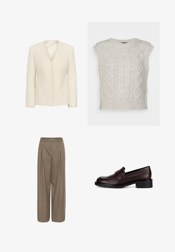 Krémovo sfarbené textúrované dámske sako s dlhými rukávmi, výstrihom do V a jemnými strapcami pozdĺž okrajov a manžiet.; rag & bone BRODY VEST - Top - light grey; Plisované nohavice s širokými nohavicami vyrobené z svetlohnedej tkaniny, s vystuženým pásom a hladkou štruktúrou, navrhnuté pre pohodlie a variabilitu.; Hnedá kožená mokasína s zaoblenou špičkou, dekoračným pásikom cez hornú časť a nízkym blokovým podpätkom. Hladká textúra s jemným leskom.