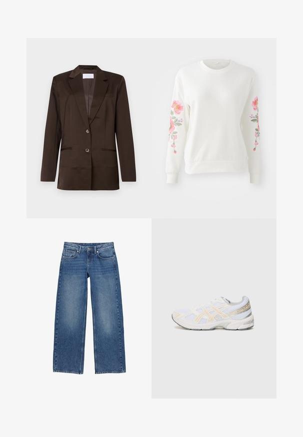 Brun blazer lavet af glat stof. Har en revers med hak, enkelt knaplukning, to forlommer og en brystlomme detalje.; Hvid sweatshirt med levende pink blomsterbroderi langs ærmerne. Letvægtsstof, rund hals og ribbet manchetter og kant.; Blå denim jeans med brede ben, knaplukning, for- og baglommer samt bæltestropper.; Hvide sportsko med mesh-materiale, med lys orange og grå accenter, en tekstureret sål og en polstret krave for komfort.