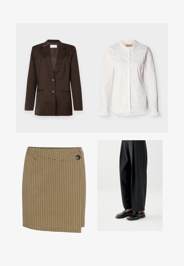 Brun blazer lavet af glat stof. Har en revers med hak, enkelt knaplukning, to forlommer og en brystlomme detalje.; Hvid bluse med lange ærmer, ståkrave, skjult knaplukning, diskrete lodrette striber og flæsekant ved ærmerne, vist på en ensfarvet baggrund.; Brun og gulternet nederdel med blå detaljer. Har en lige skæring, sidelukning med knapper og glat tekstur.; Sorte loafers med en blank læderfinish, der har en dekorativ rem over toppen, kombineret med løstsiddende sorte bukser.