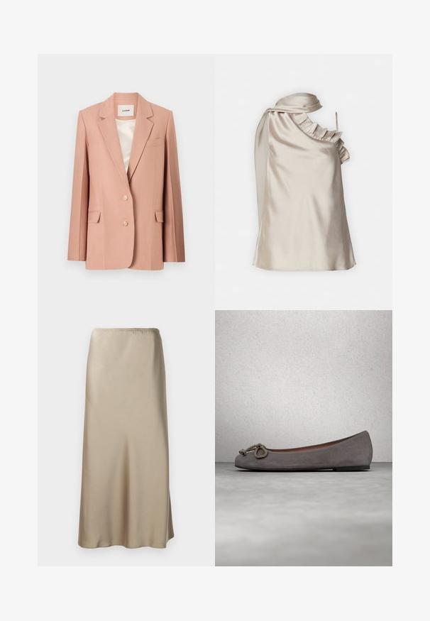 Blush pink blazer, skræddersyet design, ensartet med to knapper, klaplommer, notch revers, glat for i creme satin.; Lys beige satin top med en volang ved halsen og en enkelt skulderstrop, der har en glat tekstur og asymmetrisk design.; Satin midi nederdel i lys beige med elastisk talje, glat tekstur og en flydende A-form. Ingen synlige mønstre eller hardware.; Grå ruskind balletflade sko med en rundet tå, et knyttet reb-detalje og en subtil kontrastkant langs kanten. Flad, fleksibel sål.