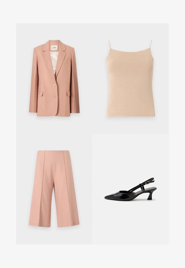 Blazer rose blush, design ajusté, à boutonnage simple avec deux boutons, poches à rabat, revers cranté, doublure lisse en satin crème.; Camisole en tricot beige avec des bretelles fines, présentant une coupe ajustée et un tissu texturé, idéale pour le superposition ou un usage décontracté.; AERON PEN - Short - mottled pink; Chaussure slingback en cuir verni noir à petit talon, bout pointu et bride réglable avec boucle dorée sur fond blanc.