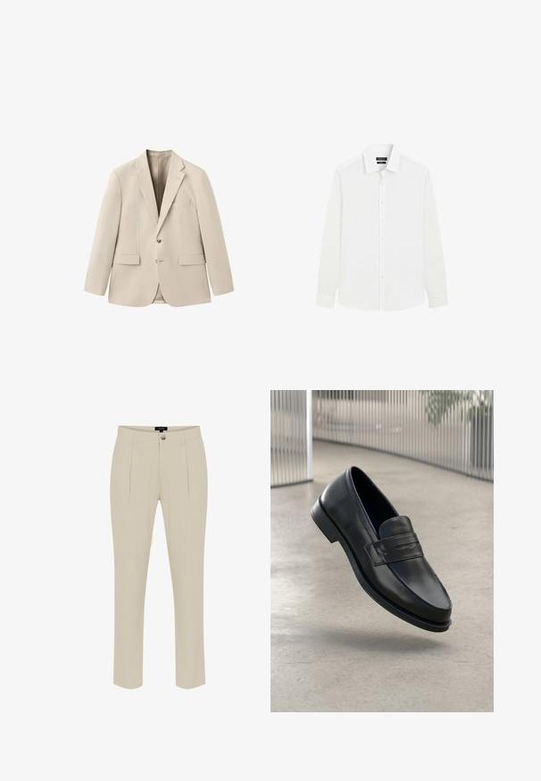 Beige op maat gemaakte herenblazer met inkeping revers, twee voorzakken met klep, borstbieszak en sluiting met twee knopen.; Witte lange mouwen herenen overhemd met knopen aan de voorkant en een klassieke kraag, getoond op een effen witte achtergrond.; Beige op maat gemaakte broek met een gladde textuur, voorzien van een knoopsluiting, voorplooien en taps toelopende pijpen.; Zwarte leren loafer met een gladde textuur, spitse neus en een decoratieve band over de wreef. Lichtgewicht zool, minimalistisch ontwerp.