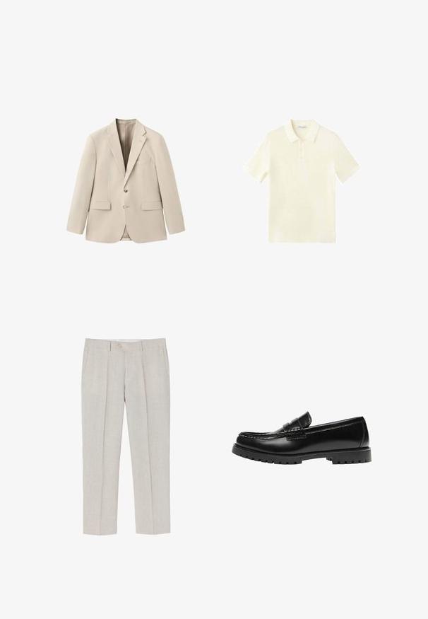 Blazer beige pour homme sur mesure avec revers crantés, deux poches avant à rabat, poche poitrine passepoilée et fermeture à deux boutons.; Polo en maille écrue à manches courtes avec col et patte à trois boutons, présenté sur fond blanc.; Pantalons en lin beige clair avec une coupe droite, une texture subtile, deux poches avant et une fermeture à un bouton à la taille.; Mocassin en cuir noir avec une semelle en caoutchouc épaisse et un détail classique de bride à monnaie, vu de côté extérieur.