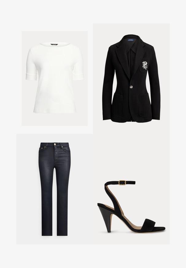 Blazer noir à un seul bouton avec revers crantés, trois poches avant et logo blanc brodé sur la poche poitrine.; Haut ajusté blanc avec un col bateau, des manches courtes à revers et un tissu lisse et doux. Design simple sans motifs ni embellissements.; Jean en denim bleu foncé avec une coupe droite, style cinq poches, fermeture par bouton en métal, et légère décoloration à l'avant pour ajouter de la texture.; Sandale à talons hauts en daim noir avec bride cheville et boucle dorée, bout ouvert et talon effilé sur un fond uni.