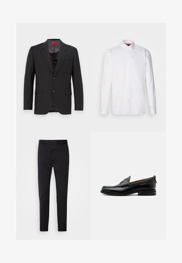 Chaqueta de traje negra con solapas con muesca, dos botones y dos bolsillos frontales. El forro interior es oscuro y tiene una textura suave. Logo de HUGO visible en el interior.; Camisa blanca de manga larga hecha de algodón, con un collar clásico, placket frontal con botones y una textura suave. Detalle interior del collar en rojo.; Chinos negros con una textura suave, cierre de botón y diseño ajustado. Ideales para un look casual o semi-formal.; Mocasín de hombre de piel negra con costura moc toe, tira penny, cuello texturizado y tacón bajo apilado sobre fondo blanco.