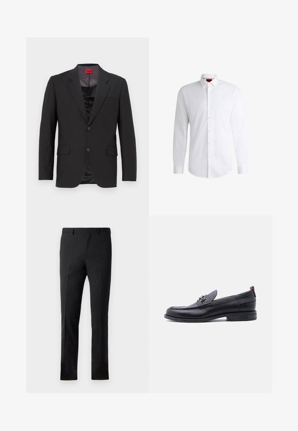 Chaqueta de traje negra con solapas con muesca, dos botones y dos bolsillos frontales. El forro interior es oscuro y tiene una textura suave. Logo de HUGO visible en el interior.; Camisa blanca de botones, confeccionada en tela suave, con collar clásico, mangas largas y dobladillo curvado. Presenta botones beige en la parte delantera.; Pantalones negros con un corte ajustado, que presentan un frente plano, dos pliegues, pasadores para cinturón y una textura suave. Sin patrones ni accesorios visibles.; Mocasín de cuero negro con empeine gris texturizado, detalle de hebilla metálica plateada, tacón bajo y lengüeta para tirar en la parte trasera.