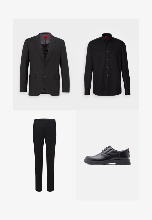 Veste de costume noire avec un revers cranté, deux boutons et deux poches avant. La doublure intérieure est sombre avec une texture lisse. Logo HUGO visible à l'intérieur.; Chemise noire à manches longues en tissu lisse, avec un col classique, un fermeture à boutons à l'avant et une coupe ajustée.; Pantalons noirs ajustés avec une texture lisse, une coupe droite et des passants de ceinture. Présentent une coupe classique sans motifs ni accents visibles.; Chaussures en cuir noir à lacets avec une texture lisse, un bout arrondi et des détails de couture discrets. Présentent une languette rouge à l'arrière.