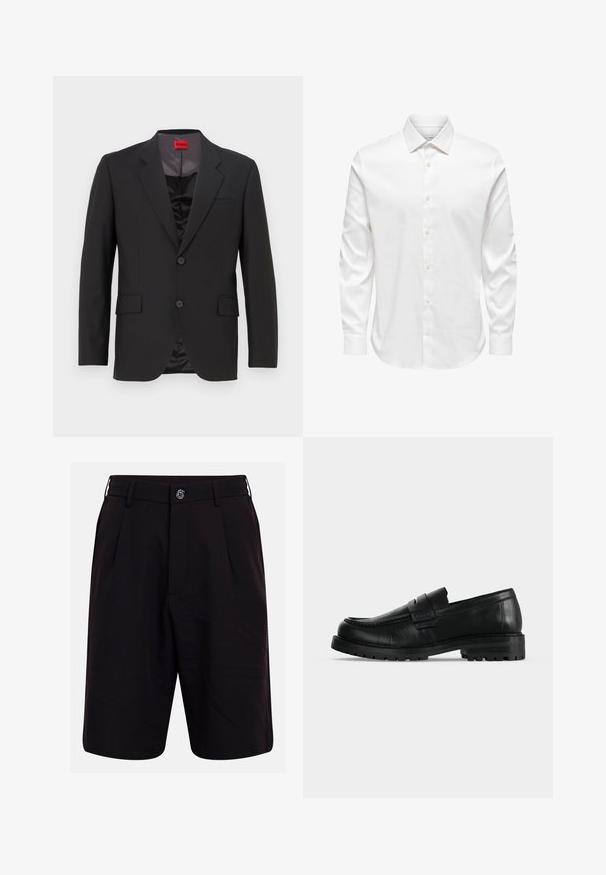Veste de costume noire avec un revers cranté, deux boutons et deux poches avant. La doublure intérieure est sombre avec une texture lisse. Logo HUGO visible à l'intérieur.; Chemise blanche pour homme à manches longues avec col pointu et rangée avant de boutons blancs sur fond uni.; Shorts noirs cintrés avec passants pour ceinture, fermeture à bouton à l'avant et poches latérales, présentés sur un fond uni.; Mocassin en cuir noir avec semelle épaisse et couture moc toe, vu de profil sur un fond uni clair.