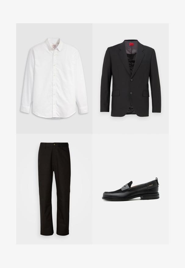 Veste de costume noire avec un revers cranté, deux boutons et deux poches avant. La doublure intérieure est sombre avec une texture lisse. Logo HUGO visible à l'intérieur.; Chemise blanche à boutons en coton avec manches longues, col classique et ourlet arrondi. Dotée de boutons jaunes et d'un branding discret.; Pantalon en coton noir avec une coupe droite, des passants de ceinture, une fermeture éclair à l'avant et un seul bouton. Texture lisse sans motifs visibles.; Mocassin en cuir noir avec détail de bride grise, talon bas et semelle texturée, marqué "HUGO" en or sur le côté.