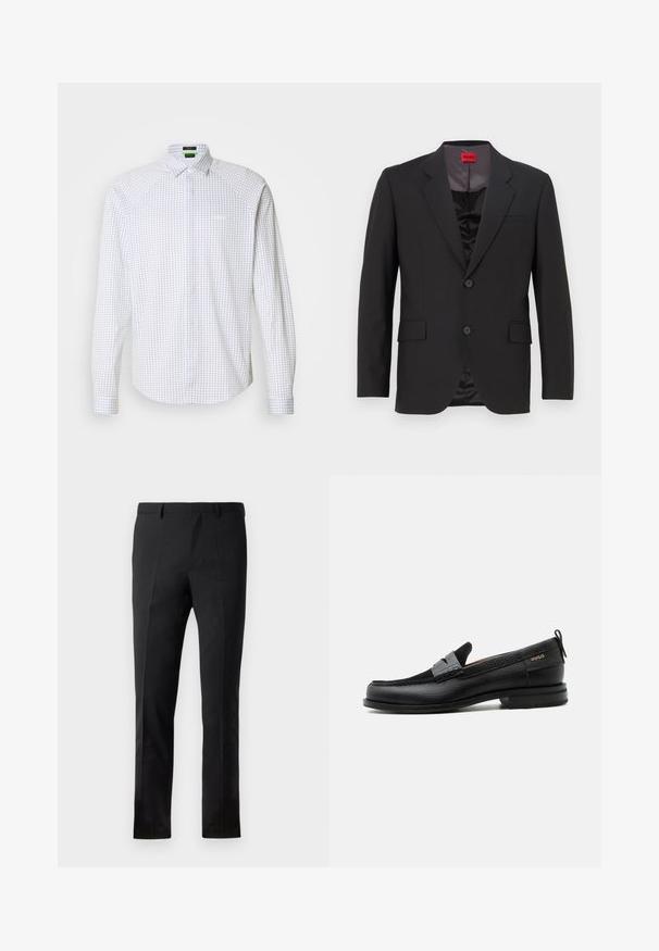 Chaqueta de traje negra con solapas con muesca, dos botones y dos bolsillos frontales. El forro interior es oscuro y tiene una textura suave. Logo de HUGO visible en el interior.; Camisa de manga larga abotonada en blanco con un patrón de cuadros en azul. Presenta un cuello clásico y un bolsillo en el frente. Tejido suave con un ajuste estructurado.; Pantalones negros con un corte ajustado, que presentan un frente plano, dos pliegues, pasadores para cinturón y una textura suave. Sin patrones ni accesorios visibles.; Mocasín de cuero negro con detalle de tira gris, tacón bajo y suela texturizada, con la marca "HUGO" en oro en el lateral.