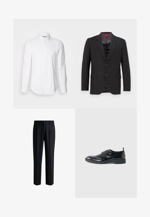Chaqueta de traje negra con solapas con muesca, dos botones y dos bolsillos frontales. El forro interior es oscuro y tiene una textura suave. Logo de HUGO visible en el interior.; Camisa blanca de manga larga hecha de tejido suave, con un cuello clásico y diseño de botones en la parte delantera, con un dobladillo curved. Los botones tienen un acabado ligeramente brillante.; Pantalones negros de tela suave, con un diseño de pierna recta, pliegues en la parte delantera y cierre de botón con trabillas para cinturón.; Zapato de vestir negro de cuero brillante con tacón bajo, cierre de cordones y puntera redonda, mostrado de lado sobre un fondo claro y liso.