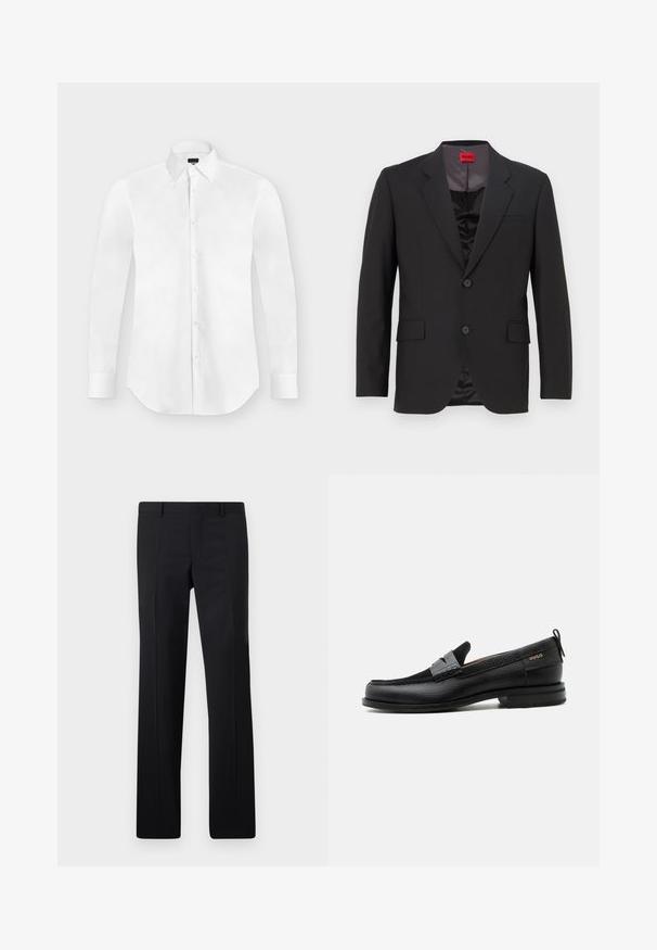 Chaqueta de traje negra con solapas con muesca, dos botones y dos bolsillos frontales. El forro interior es oscuro y tiene una textura suave. Logo de HUGO visible en el interior.; Camisa blanca de vestir de manga larga con botones y cuello puntiagudo, colocada perfectamente plana sobre un fondo gris claro.; Pantalones negros ajustados con un diseño de pierna recta, pliegues marcados y un acabado suave. Fabricados en tejido ligero con una cintura limpia.; Mocasín de cuero negro con detalle de tira gris, tacón bajo y suela texturizada, con la marca "HUGO" en oro en el lateral.