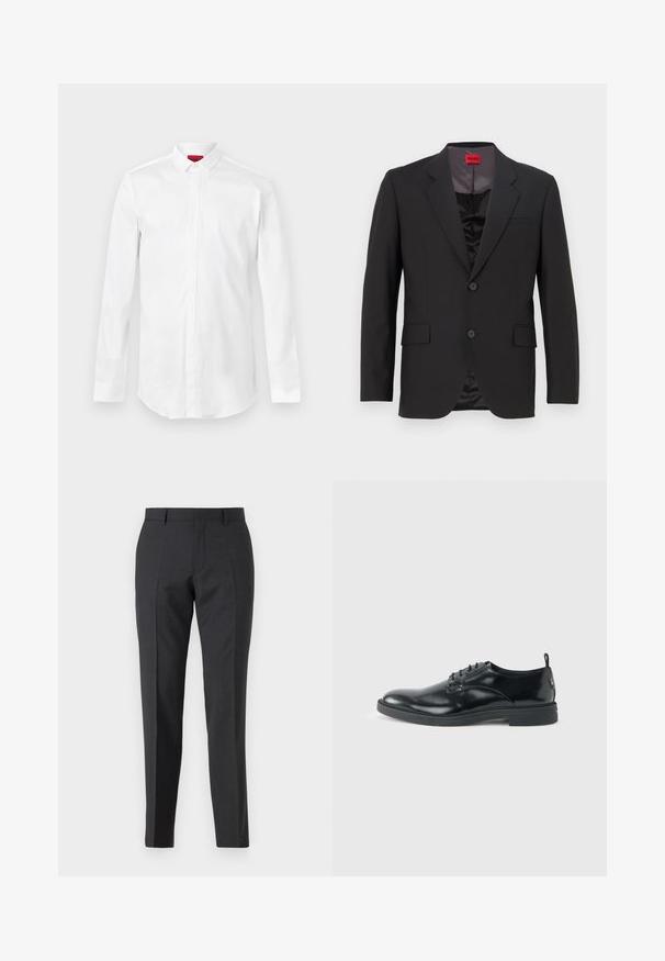 Veste de costume noire avec un revers cranté, deux boutons et deux poches avant. La doublure intérieure est sombre avec une texture lisse. Logo HUGO visible à l'intérieur.; Chemise blanche à manches longues avec col pointu et patte de boutonnage cachée, présentée sur un fond clair uni.; Pantalons taillés gris foncé avec une coupe droite, dotés de poches latérales et d'une texture subtile. Les fermetures comprennent une fermeture éclair et des passants de ceinture.; Chaussure habillée en cuir noir brillant avec un petit talon, fermeture à lacets et bout rond, vue de côté sur un fond uni et clair.