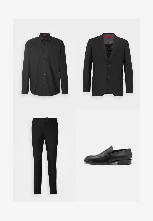 Chaqueta de traje negra con solapas con muesca, dos botones y dos bolsillos frontales. El forro interior es oscuro y tiene una textura suave. Logo de HUGO visible en el interior.; Camisa negra de manga larga hecha de tejido ligero. Presenta un cuello abotonado, botones en el frente y un logo bordado en el pecho.; Pantalones negros de corte ajustado, con cierre de botón, cremallera y dos bolsillos frontales. Tejido suave con un acabado mate.; Mocasines de cuero negro con punta redondeada y detalles de costura sutiles. Textura suave y tacón bajo con marca en la parte trasera.