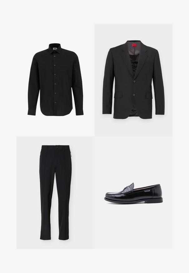 Chaqueta de traje negra con solapas con muesca, dos botones y dos bolsillos frontales. El forro interior es oscuro y tiene una textura suave. Logo de HUGO visible en el interior.; Camisa negra de manga larga y botonadura frontal, hecha de tejido entrelazado, con cuello clásico, dobladillo recto y botones negros en el frente.; Pantalones negros a medida de corte slim con botón frontal y bolsillos laterales con cremallera, mostrados sobre un fondo blanco.; Mocasines de cuero negro con acabado brillante, que presentan un diseño cosido en la puntera y una suela baja de goma negra texturizada.
