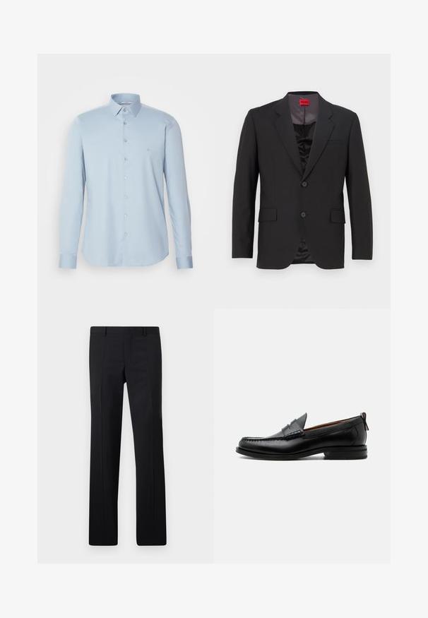 Veste de costume noire avec un revers cranté, deux boutons et deux poches avant. La doublure intérieure est sombre avec une texture lisse. Logo HUGO visible à l'intérieur.; Chemise à manches longues bleu clair, en tissu lisse, avec un col classique et un petit logo brodé sur la poitrine.; Pantalons noirs ajustés avec une coupe droite, des plis marqués et une finition lisse. Fabriqués en tissu léger avec une taille nette.; Mocassin homme en cuir noir avec couture moc toe, bride penny, col texturé et petit talon empilé sur fond blanc.