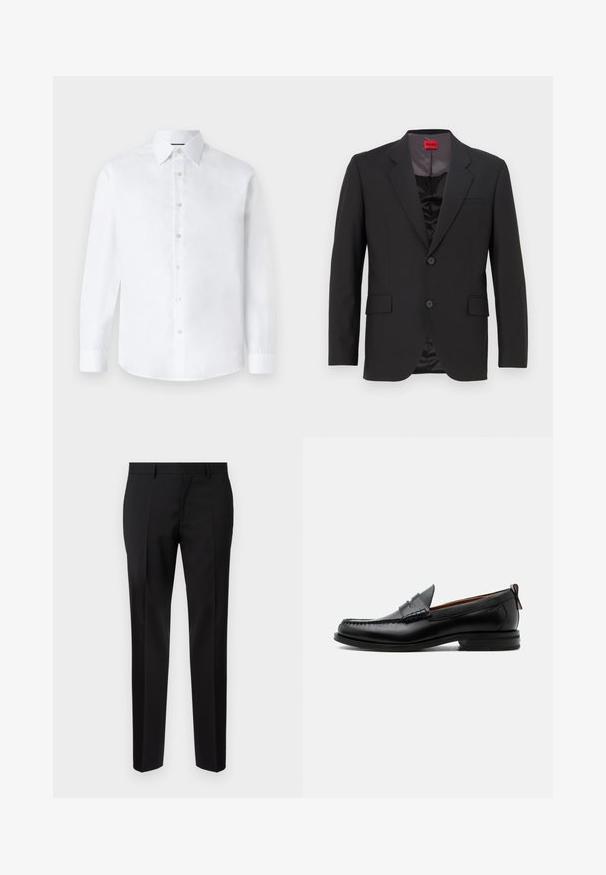 Zwarte blazer met een gelapt revers, twee knopen en twee voorzakken. Voering is donker met een gladde textuur. HUGO-logo zichtbaar aan de binnenkant.; Witte lange mouwen shirt met een klassieke kraag, knopenlijst aan de voorkant en een ronde zoom. Gemaakt van gladde katoenstof zonder patronen.; Zwarte op maat gemaakte broeken van een gladde stof, met een rechte pijp, verfijnde plooidetails en een klassieke tailleband met riemlussen.; Zwarte leren herensloffen met moc toe stiksel, pennyriem, gestructureerde kraag en lage gestapelde hak op witte achtergrond.
