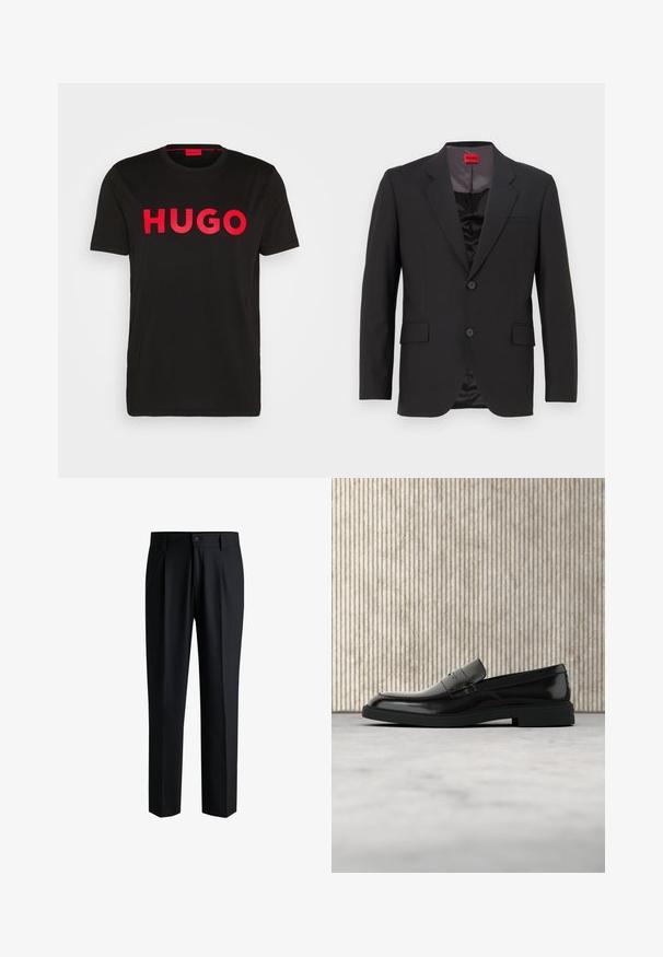 Veste de costume noire avec un revers cranté, deux boutons et deux poches avant. La doublure intérieure est sombre avec une texture lisse. Logo HUGO visible à l'intérieur.; T-shirt en coton noir avec le texte "HUGO" en rouge vif sur le devant, manches courtes, col rond et coupe décontractée.; Pantalons noirs en tissu lisse, avec une coupe droite, des plis à l'avant et une fermeture à bouton avec passants de ceinture.; Mocassin en cuir noir poli flottant au-dessus d'un tapis beige avec un mobilier translucide orange en arrière-plan.