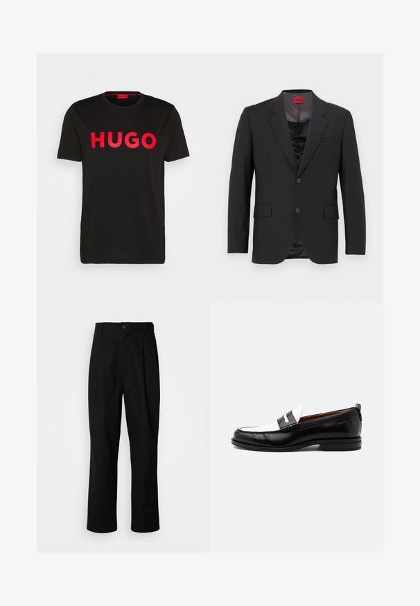 Veste de costume noire avec un revers cranté, deux boutons et deux poches avant. La doublure intérieure est sombre avec une texture lisse. Logo HUGO visible à l'intérieur.; T-shirt en coton noir avec le texte "HUGO" en rouge vif sur le devant, manches courtes, col rond et coupe décontractée.; Pantalons noirs à jambes droites avec une taille à bouton, passants de ceinture et pli avant, présentés sur un fond blanc uni.; Mocassin en cuir noir et blanc avec des détails cousus, un petit talon et un design slip-on, présenté de profil sur un fond uni.