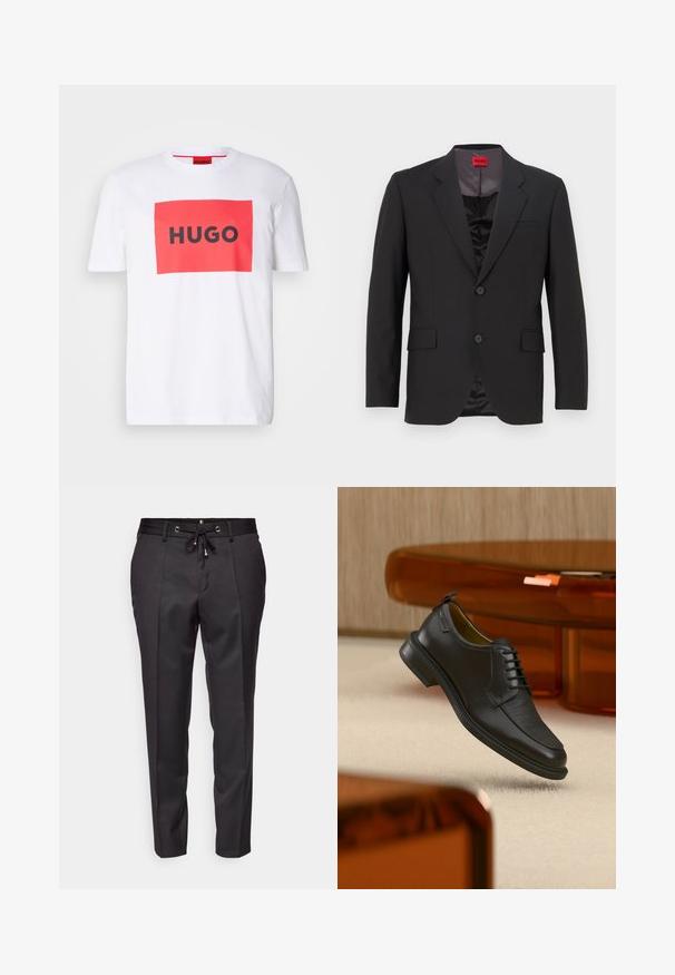 Veste de costume noire avec un revers cranté, deux boutons et deux poches avant. La doublure intérieure est sombre avec une texture lisse. Logo HUGO visible à l'intérieur.; T-shirt en coton blanc avec un graphique rectangulaire rouge et le texte noir en gras "HUGO" au centre. Manches courtes, design à col rond.; Pantalons noirs ajustés avec une taille à cordon, devant plissé et ourlets à revers. Fabriqués en tissu lisse avec une coupe structurée.; Chaussure habillée noire en cuir à lacets avec devant texturé, flottant au-dessus d'un tapis beige dans une pièce moderne avec des meubles teintés d'ambre.