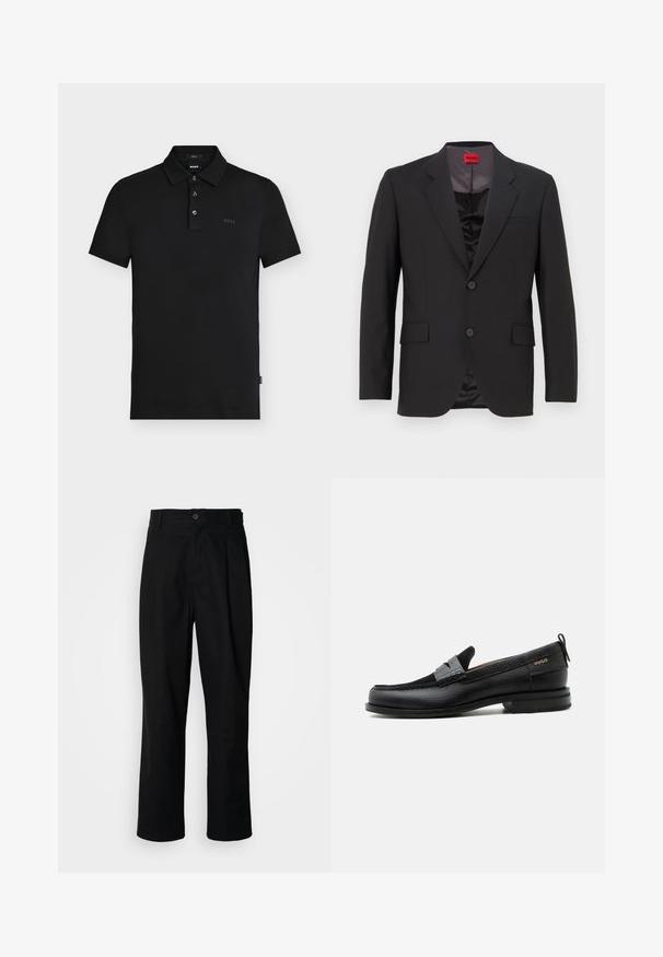 Sort jakkesætjakke med klapkrave, to knapper og to forlommer. Inderlåget er mørkt med en glat tekstur. HUGO-logoet er synligt indeni.; Sort slim-fit polo skjorte med tre knapper, korte ærmer og diskret "BOSS" logo på brystet og indersiden af kraven.; Sorte lige ben bukser med en knaplukket talje, bæltestropper og en frontfold, præsenteret mod en ensfarvet hvid baggrund.; Sort læderloafer med grå remdetalje, lav hæl og tekstureret sål, mærket med "HUGO" i guld på siden.