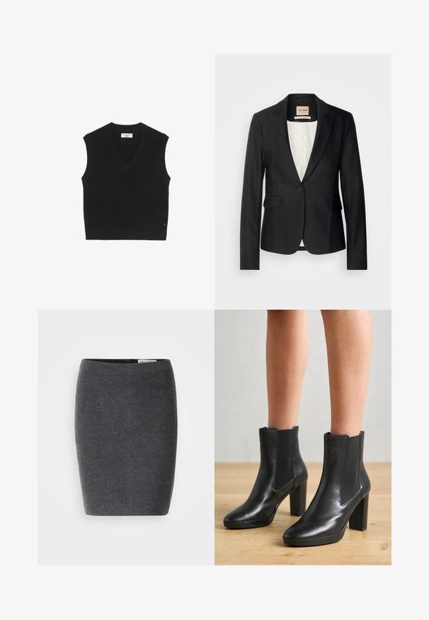 Blazer noir avec une coupe ajustée, fermeture à un bouton et deux poches avant. Doublé d'une intérieur à motif pour un détail supplémentaire.; T-shirt sans manches noir en maille avec une texture côtelée, un décolleté en V et une petite étiquette de marque à l'avant.; Jupe crayon en laine grise avec une texture lisse et un design ajusté, dotée d'une taille discrète et sans décorations visibles.; Bottes noires en cuir jusqu'aux chevilles avec un talon carré, dotées de panneaux latéraux élastiques, d'une texture lisse et d'une silhouette épurée.