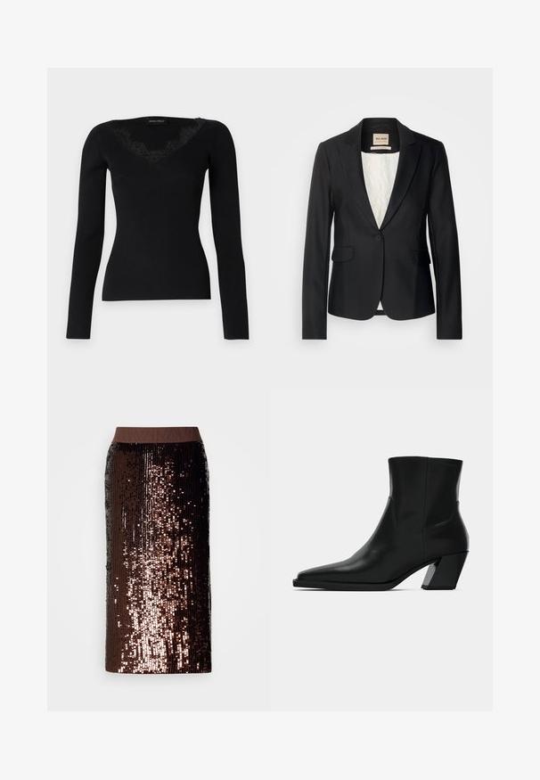 Blazer noir avec une coupe ajustée, fermeture à un bouton et deux poches avant. Doublé d'une intérieur à motif pour un détail supplémentaire.; Haut noir à manches longues en maille côtelée avec un décolleté en V orné de dentelle. La texture du tissu semble lisse et ajustée, idéale pour des looks superposés.; Jupe crayon marron foncé recouverte de paillettes brillantes avec une taille élastique unie marron, présentée sur un fond blanc.; Bottine en cuir noir avec un bout pointu, une silhouette élégante et un talon carré massif. Texture lisse avec des détails de couture minimalistes.