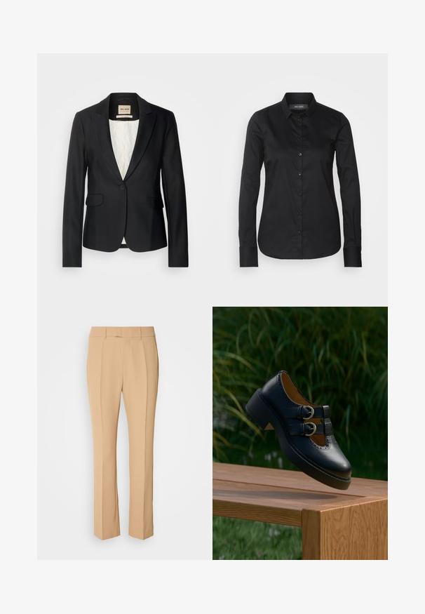 Blazer negro con corte entallado, cierre de un solo botón y dos bolsillos frontales. Forrado con un interior estampado para añadir detalles.; Mos Mosh TILDA SHIRT - Blusa - black; Pantalones tailored beige con pierna recta, que cuentan con dos pliegues frontales, un diseño de frente plano y una tela suave y ligera.; Zapato negro de cuero con doble hebilla y detalles perforados flotando sobre un banco de madera al aire libre con césped verde y plantas al fondo.