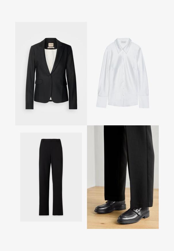 Blazer negro con corte entallado, cierre de un solo botón y dos bolsillos frontales. Forrado con un interior estampado para añadir detalles.; Camisa blanca de manga larga con un collar clásico, que presenta un cierre frontal de botones y una textura suave, fabricada con una tela ligera con un sutil brillo.; Pantalones de vestir negros de corte recto con trabillas para cinturón y sin bolsillos visibles, mostrados sobre un fondo gris claro sencillo.; Mocasines de cuero negro con punta redonda, tira decorativa y tacón bajo, combinados con pantalones negros, sobre un suelo de madera.