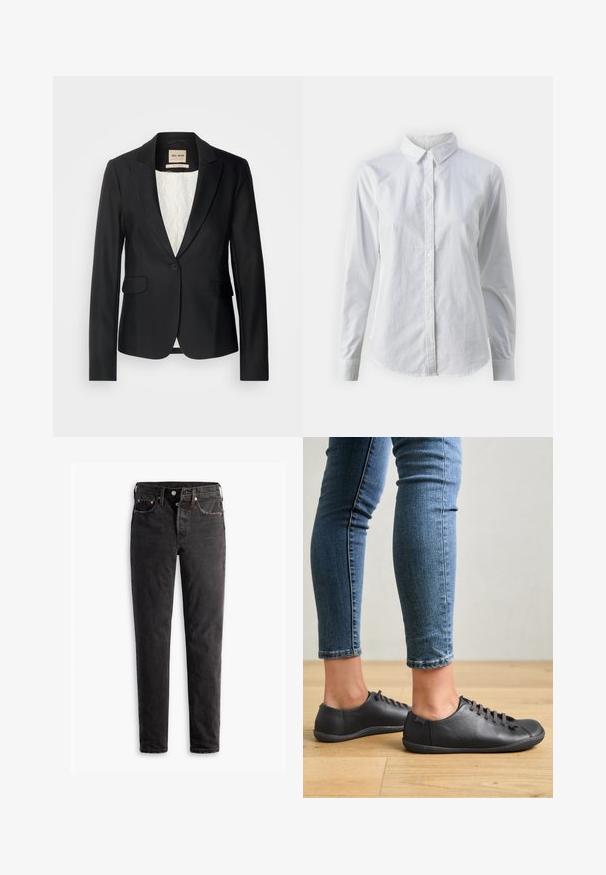 Blazer noir avec une coupe ajustée, fermeture à un bouton et deux poches avant. Doublé d'une intérieur à motif pour un détail supplémentaire.; Chemise blanche à manches longues en coton lisse, dotée d'un col classique et d'un ourlet arrondi. Les boutons sont petits et blancs.; Jean en denim noir à coupe droite, avec cinq poches, des détails en cuivre et une texture légèrement délavée.; Chaussures en cuir noir avec un bout rond, profil bas et système de laçage. Associées à des jeans ajustés bleus sur un fond de parquet.