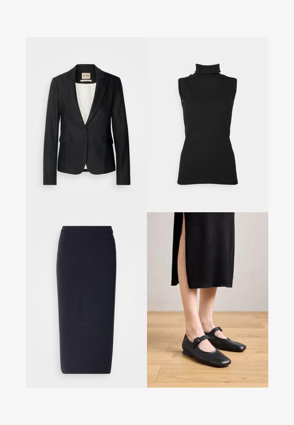 Zwarte blazer met een getailleerde pasvorm, enkele knoopsluiting en twee voorzakken. Voering met een patroon voor extra detail.; Zwarte mouwloze turtleneck top van ribstof, met een hoge hals en een getailleerde pasvorm. Gladde textuur met minimale details.; Marineblauwe, knie-lange pencil skirt met een getailleerde taille en een rechte silhoutte tegen een witte achtergrond.; Zwarte leren Mary Jane ballerina's met een klein hakje, met een ronde neus en een zijgesp. Het textuurontwerp verhoogt de visuele aantrekkingskracht.