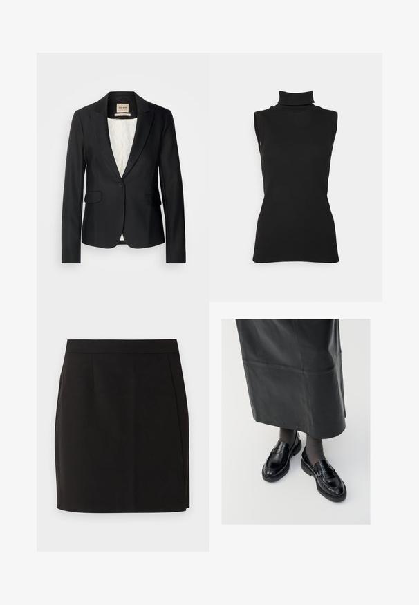 Čierny blazer s prispôsobeným strihom, s jedným gombíkom a dvoma prednými vreckami. Podšitý vzorovaným interiérom pre dodatočný detail.; Čierny bezrukávový rolák vyrobený z rebrovanej látky, s vysokým golierom a priliehavým strihom. Hladká textúra s minimálnym zdobením.; Čierna rovná sukňa do kolien s priliehavým pásom a jemnými detailami švov na bielom pozadí.; Čierne kožené poltopánky s hladkým povrchom, s dekoratívnym pásikom, okrúhlou špičkou a textúrovanou podrážkou. Nosené s dlhou čiernou koženou sukňou.