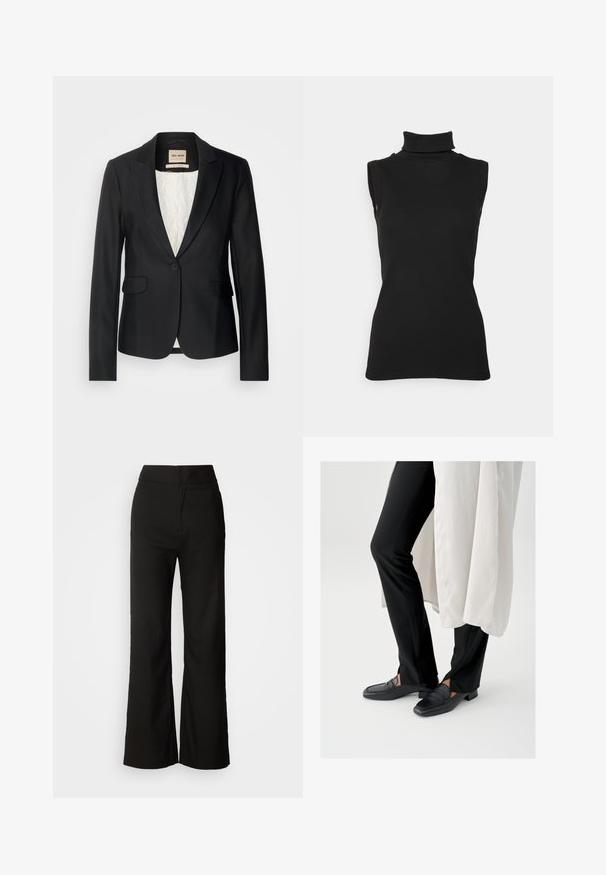 Blazer noir avec une coupe ajustée, fermeture à un bouton et deux poches avant. Doublé d'une intérieur à motif pour un détail supplémentaire.; Top noir sans manches en maille côtelée, avec un col haut et une silhouette ajustée. Texture lisse avec un minimum de détails.; Pantalons noirs à jambes larges avec une texture lisse, taille haute et un design épuré. Pas de poches visibles ni d'embellissements.; Mocassins en cuir noir avec un bout carré et un petit talon carré, associés à un pantalon noir ajusté et une couche extérieure blanche fluide.
