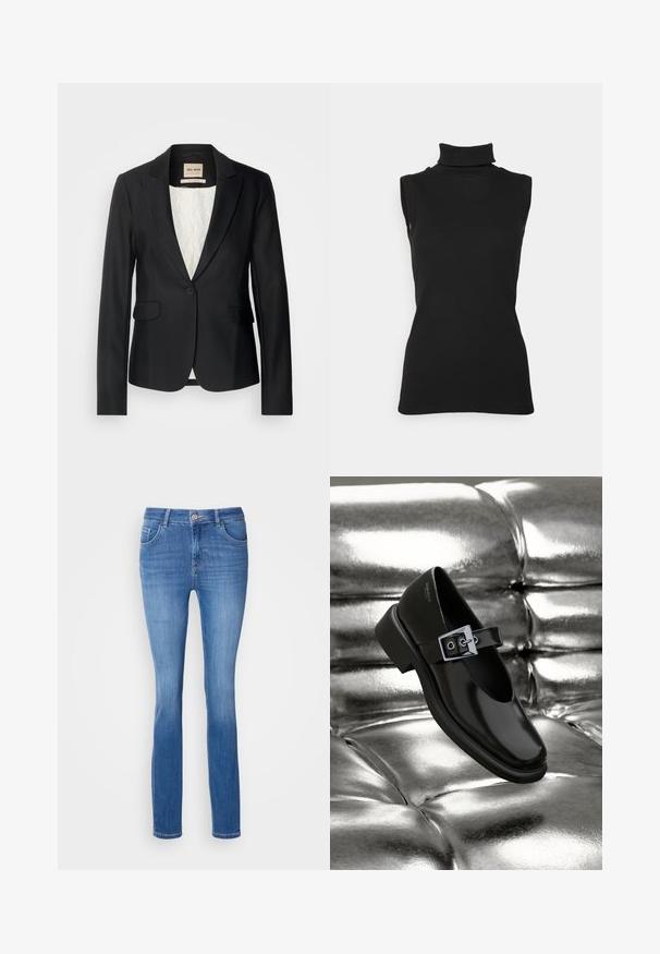 Čierny blazer s prispôsobeným strihom, s jedným gombíkom a dvoma prednými vreckami. Podšitý vzorovaným interiérom pre dodatočný detail.; Čierny bezrukávový rolák vyrobený z rebrovanej látky, s vysokým golierom a priliehavým strihom. Hladká textúra s minimálnym zdobením.; Modré denimové džínsy s úzkym strihom, piatimi vreckami a jemným vyblednutým vzorom. Vyrobené z mäkkej, elastickej látky, so štandardným zapínaním na gombík.; Čierne kožené topánky Mary Jane so štvorcovou špičkou, so striebornou prackou a masívnym nízkym opätkom, umiestnené na lesklom striebornom pozadí.
