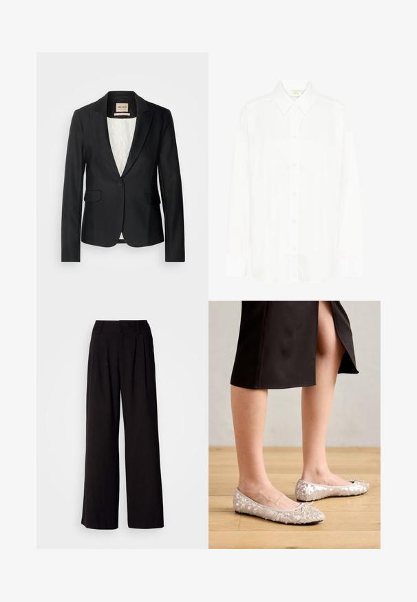 Sort blazer med en skræddersyet pasform, enkelt knaplukning og to forlommer. Foret med et mønstret indre for ekstra detaljer.; Hvid langærmet skjorte med knapper, klassisk krave og almindelig pasform. Fremstillet af glat stof med otte knapper ned foran.; Sorte bukser med vid benvidde lavet af glat stof, med folder foran, en tætsiddende talje og uden synlige mønstre eller detaljer.; Beige stæl ballet flats med en rund tå, der har en bueaccent, parret med en sort nederdel, vist på et trægulv.