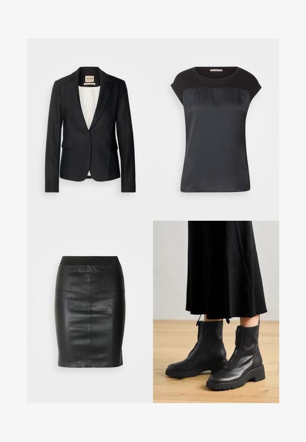 Blazer negro con corte entallado, cierre de un solo botón y dos bolsillos frontales. Forrado con un interior estampado para añadir detalles.; Top negro de manga corta con un panel frontal satinado y tejido mate en los hombros. Textura suave con un corte holgado.; Falda lápiz negra hecha de cuero suave, con una cinturilla elástica para una silueta ajustada y un diseño minimalista.; Botas de tobillo de cuero negro con suela de plataforma gruesa y cremallera delantera. Textura suave con un diseño minimalista.