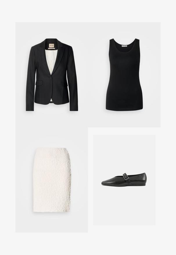 Blazer noir avec une coupe ajustée, fermeture à un bouton et deux poches avant. Doublé d'une intérieur à motif pour un détail supplémentaire.; Débardeur noir sans manches, en tissu lisse, avec un col rond classique et une coupe ajustée. Pas de motifs ni d'accents.; Jupe crayon blanche texturée avec une surface légèrement duveteuse, longueur genoux, présentant un design ajusté et sans fermetures ni embellissements visibles.; Chaussure plate en cuir noir avec un orteil pointu, présentant une sangle à boucle métallique sur le cou-de-pied et une semelle basse et flexible.