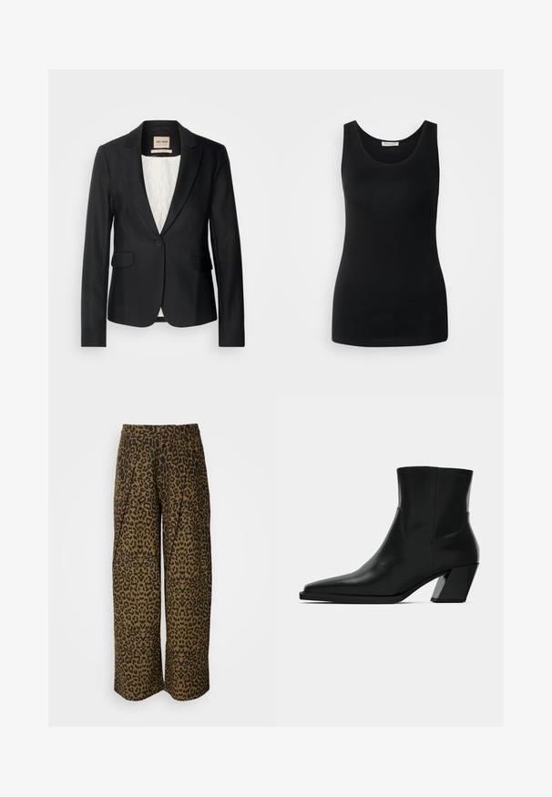 Blazer negro con corte entallado, cierre de un solo botón y dos bolsillos frontales. Forrado con un interior estampado para añadir detalles.; Camiseta sin mangas negra, hecha de tela suave, presenta un clásico escote redondeado y un diseño ajustado. Sin patrones ni acentos.; Pantalones de pierna ancha en un estampado de leopardo marrón y negro. Presenta una cinturilla alta y un diseño plisado. Tela suave con una textura lisa.; Bota de tobillo de cuero negro con punta afilada, una silueta elegante y un tacón cuadrado grueso. Textura suave con detalles de costura mínimos.