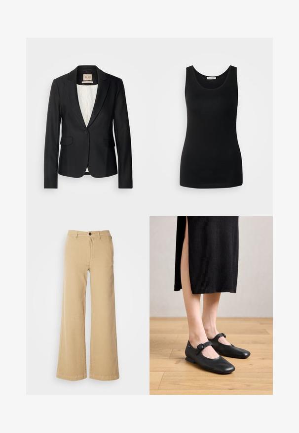 Sort blazer med en skræddersyet pasform, enkelt knaplukning og to forlommer. Foret med et mønstret indre for ekstra detaljer.; Sort ærmeløs tanktop, lavet af glat stof, har en klassisk rund halsudskæring og en tætsiddende design. Ingen mønstre eller detaljer.; Beige brede benbukser lavet af bomuldsblanding, med en frontknaplukning, bæltestropper og syninger langs sømmene.; Sorte læder Mary Jane flade sko med en lille hæl, der har en rund tå og en sidelukning. Den strukturerede design forbedrer det visuelle indtryk.